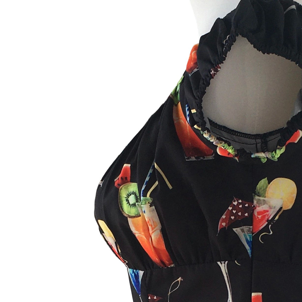 Vintage Off-Shoulder Cocktail Print Blouse - Retro 1950s Pinup Black Top for Women