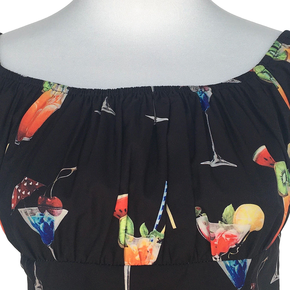 Vintage Off-Shoulder Cocktail Print Blouse - Retro 1950s Pinup Black Top for Women