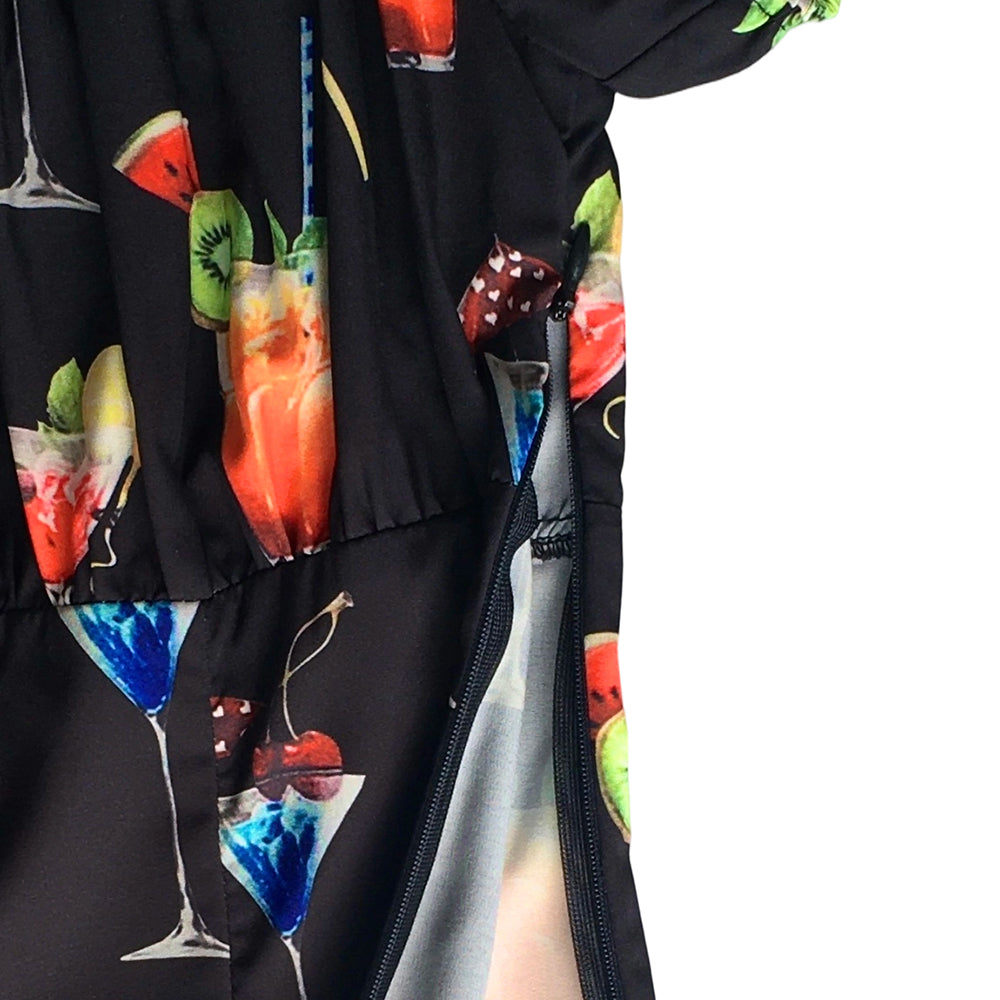 Vintage Off-Shoulder Cocktail Print Blouse - Retro 1950s Pinup Black Top for Women