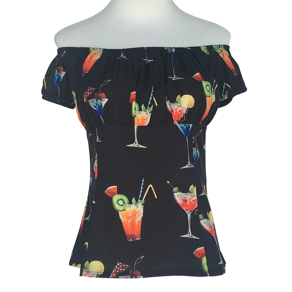 Vintage Off-Shoulder Cocktail Print Blouse - Retro 1950s Pinup Black Top for Women