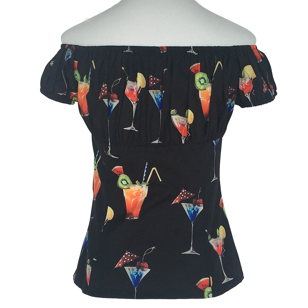 Vintage Off-Shoulder Cocktail Print Blouse - Retro 1950s Pinup Black Top for Women