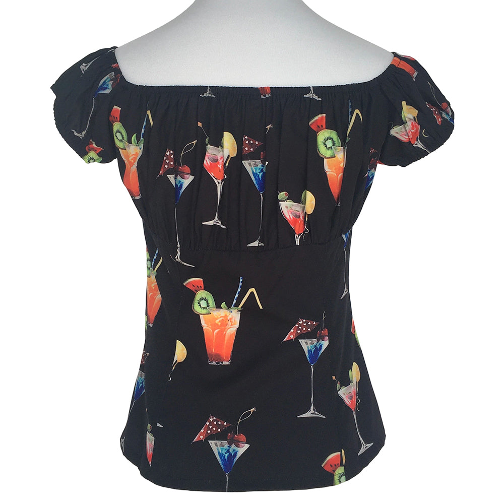 Vintage Off-Shoulder Cocktail Print Blouse - Retro 1950s Pinup Black Top for Women