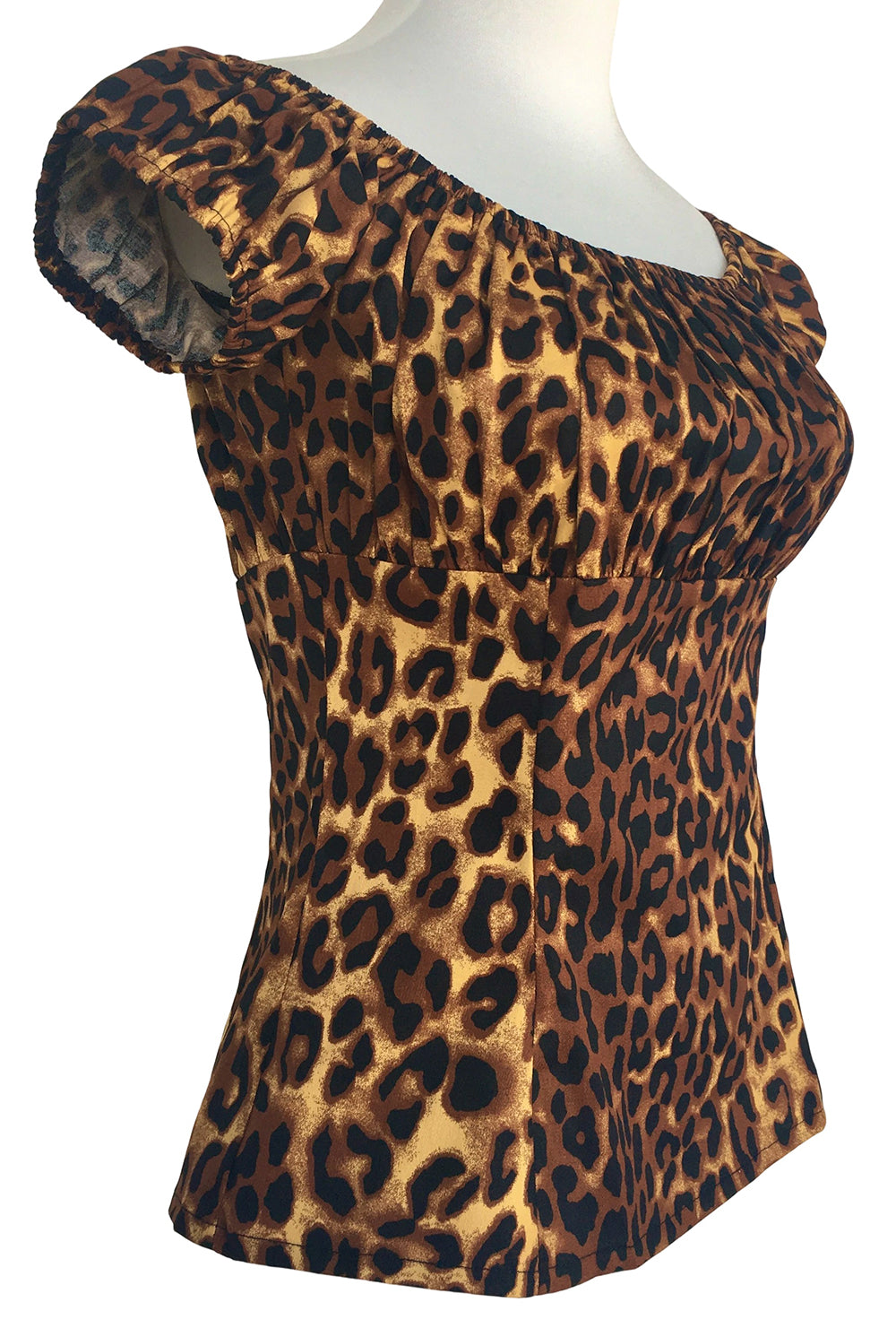 Vintage Leopard Print Off Shoulder Top Women's Slim Fit Short Sleeve Blouse Retro Style Party Casual Shirt