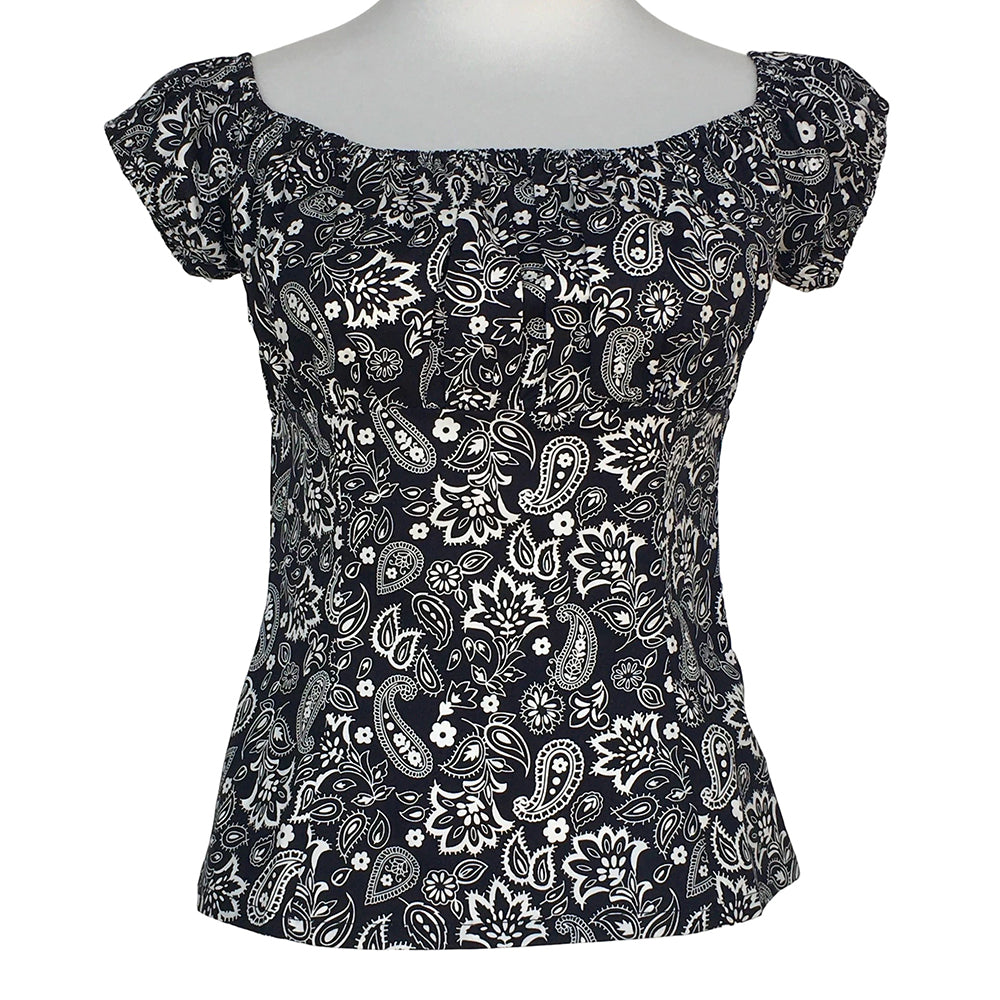 1950s Rockabilly Pinup Off Shoulder Top - Black White Paisley Print Ruched Flattering Retro Blouse
