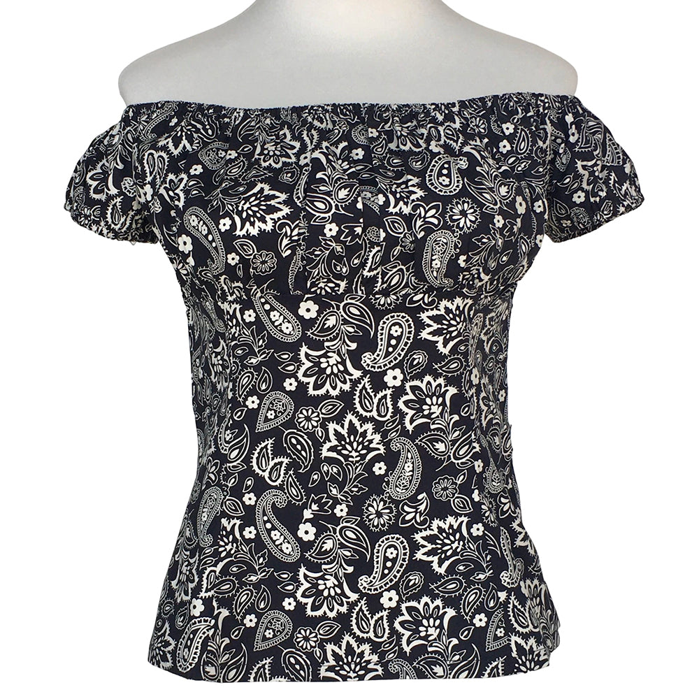 1950s Rockabilly Pinup Off Shoulder Top - Black White Paisley Print Ruched Flattering Retro Blouse