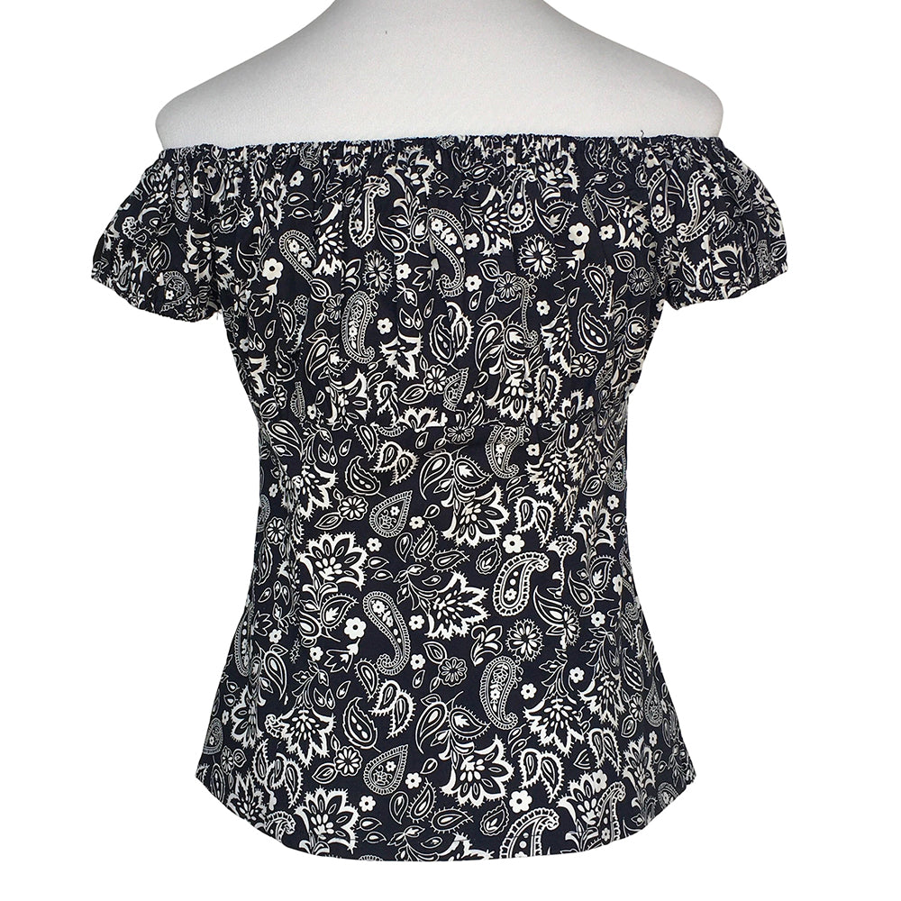 1950s Rockabilly Pinup Off Shoulder Top - Black White Paisley Print Ruched Flattering Retro Blouse