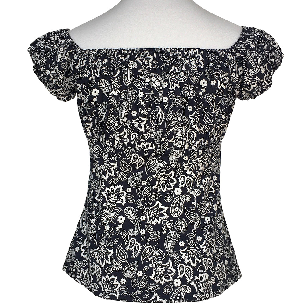 1950s Rockabilly Pinup Off Shoulder Top - Black White Paisley Print Ruched Flattering Retro Blouse