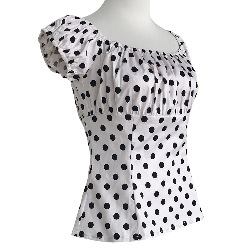 White Black Polka Dot Off Shoulder Blouse, Vintage Puff Short Sleeve Slim Fit Top