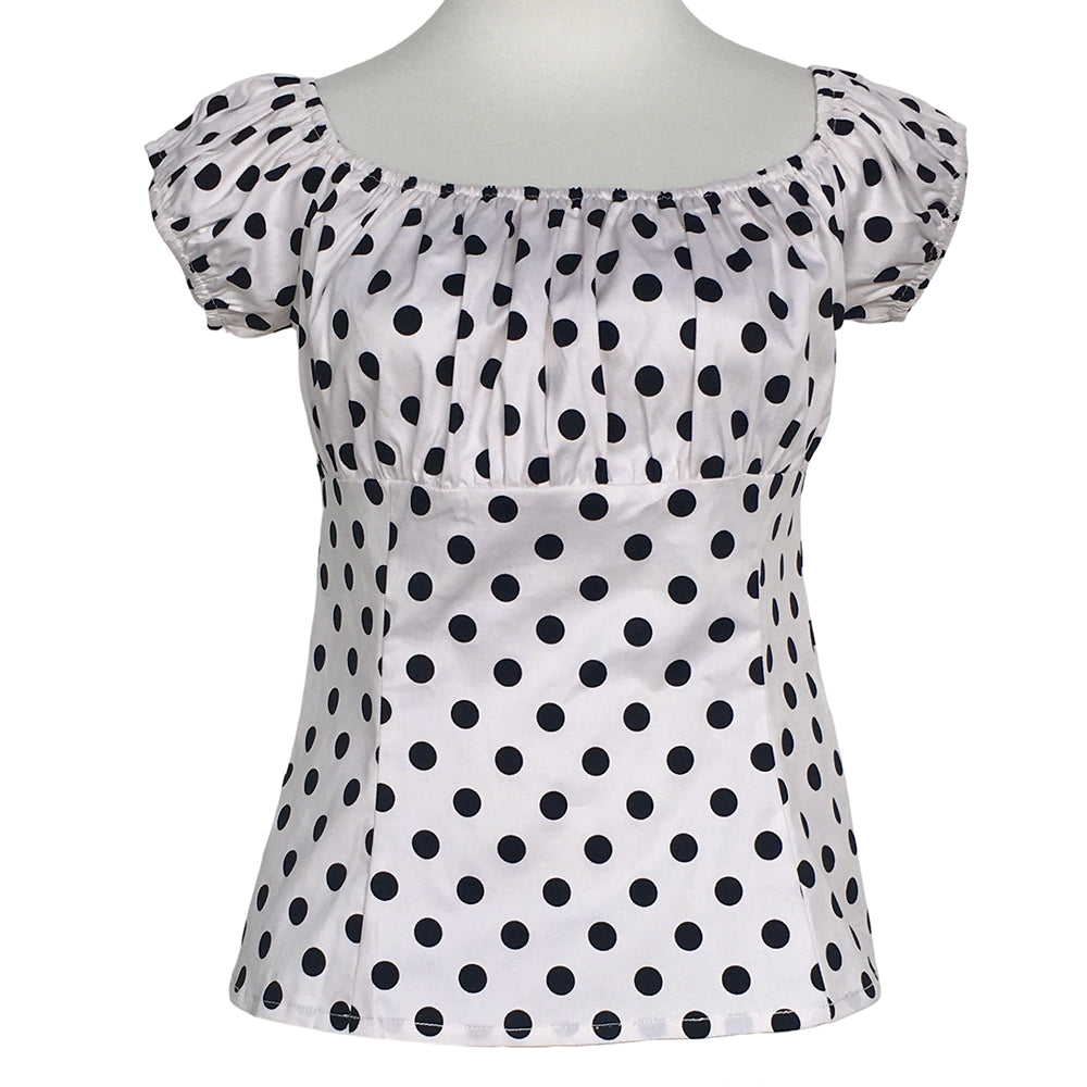 White Black Polka Dot Off Shoulder Blouse, Vintage Puff Short Sleeve Slim Fit Top