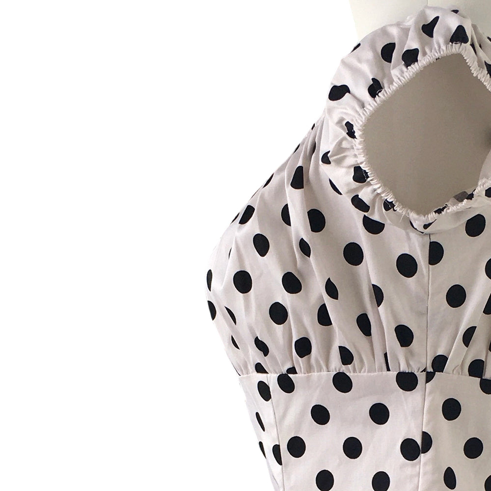White Black Polka Dot Off Shoulder Blouse, Vintage Puff Short Sleeve Slim Fit Top
