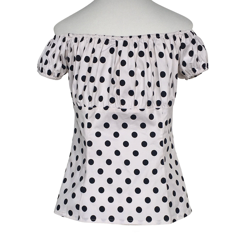 White Black Polka Dot Off Shoulder Blouse, Vintage Puff Short Sleeve Slim Fit Top