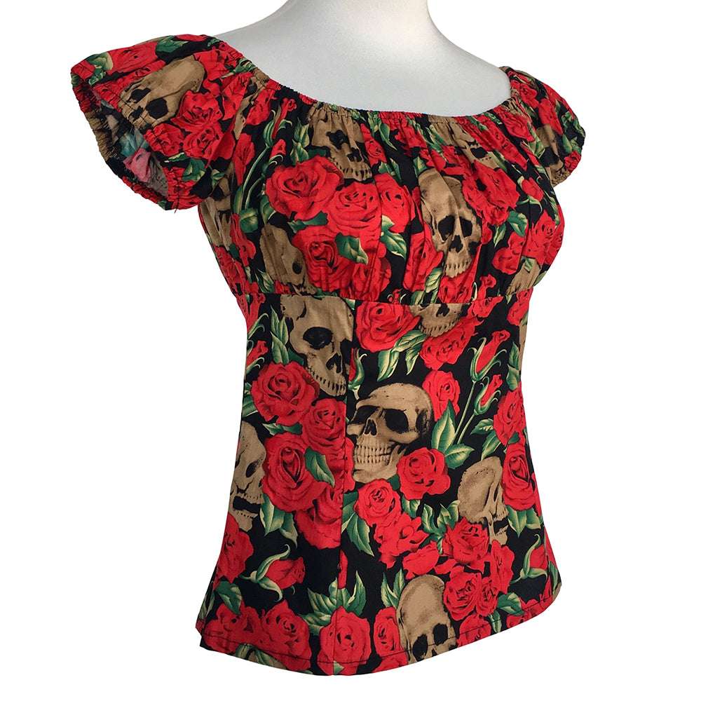 Women's Gothic Skull & Rose Off Shoulder Top, Vintage Punk Bardot Blouse, Retro Dark Academia Short Sleeve Crop Top for Casual/Party