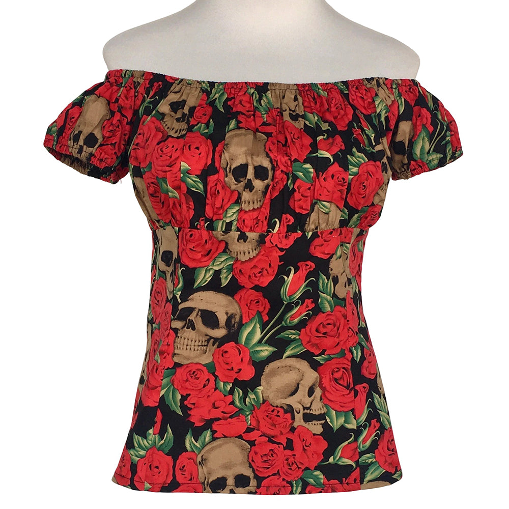 Women's Gothic Skull & Rose Off Shoulder Top, Vintage Punk Bardot Blouse, Retro Dark Academia Short Sleeve Crop Top for Casual/Party