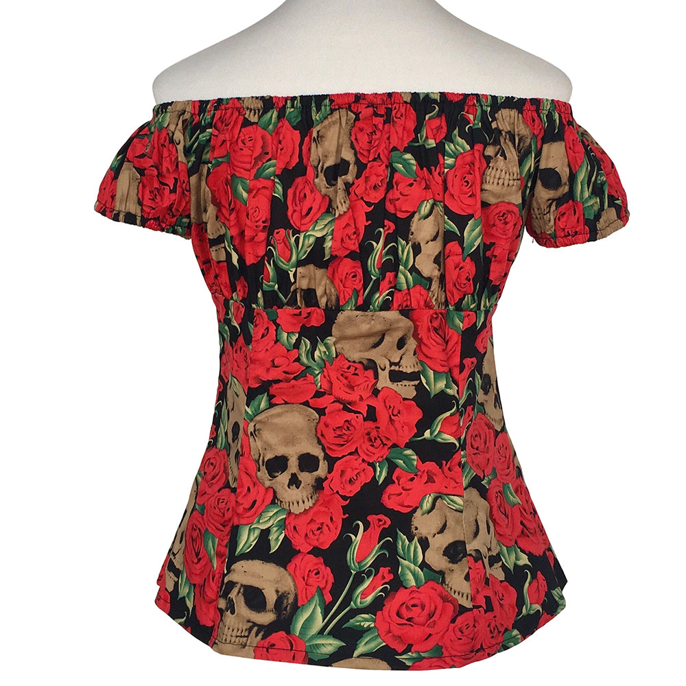 Women's Gothic Skull & Rose Off Shoulder Top, Vintage Punk Bardot Blouse, Retro Dark Academia Short Sleeve Crop Top for Casual/Party