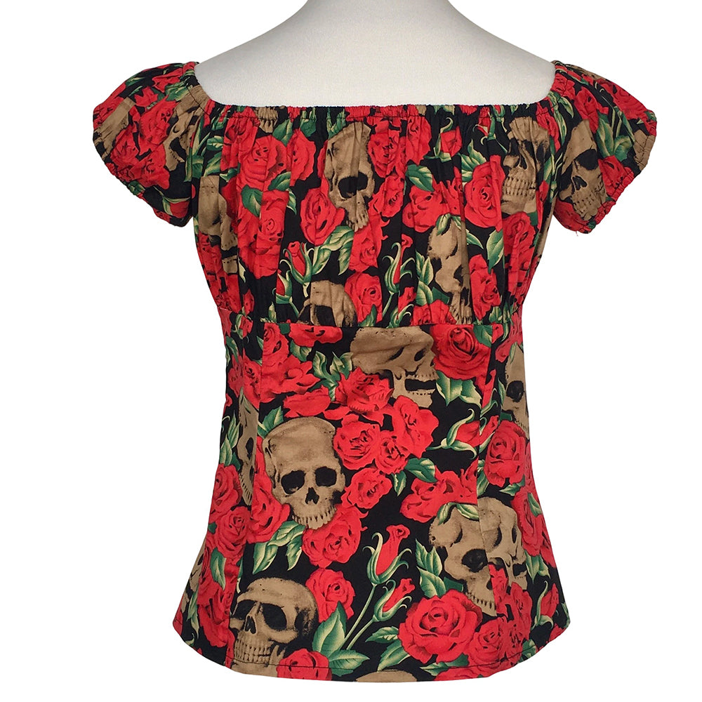 Women's Gothic Skull & Rose Off Shoulder Top, Vintage Punk Bardot Blouse, Retro Dark Academia Short Sleeve Crop Top for Casual/Party