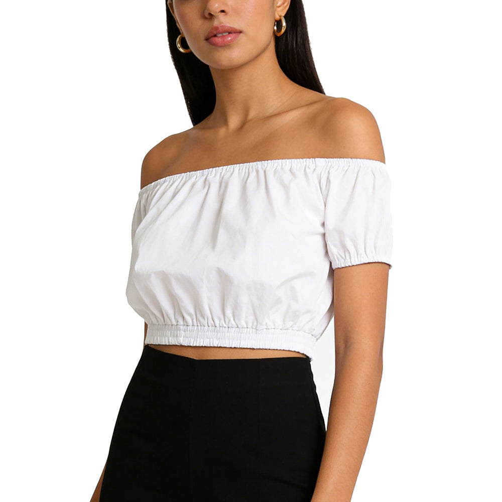 Sexy & Stylish! Off - the - Shoulder Cropped Short - Sleeve Top with Puffed Sleeves - Showcase Your Shoulder Line!