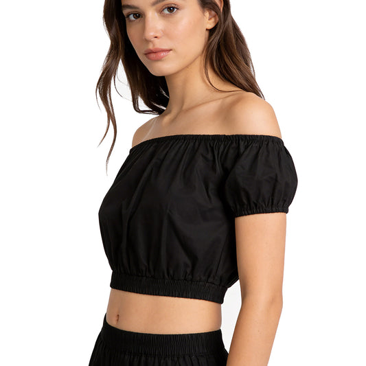Sexy & Stylish! Off - the - Shoulder Cropped Short - Sleeve Top with Puffed Sleeves - Showcase Your Shoulder Line!