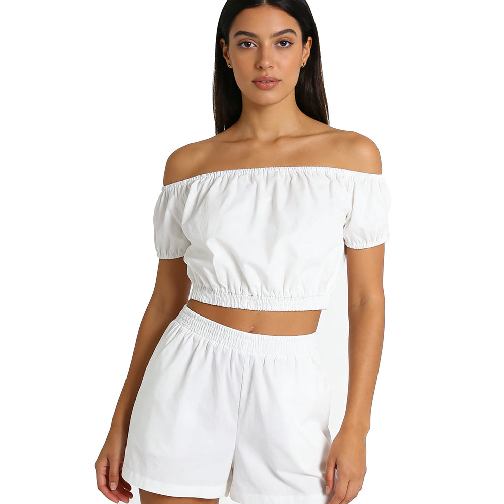 Sexy & Stylish! Off - the - Shoulder Cropped Short - Sleeve Top with Puffed Sleeves - Showcase Your Shoulder Line!