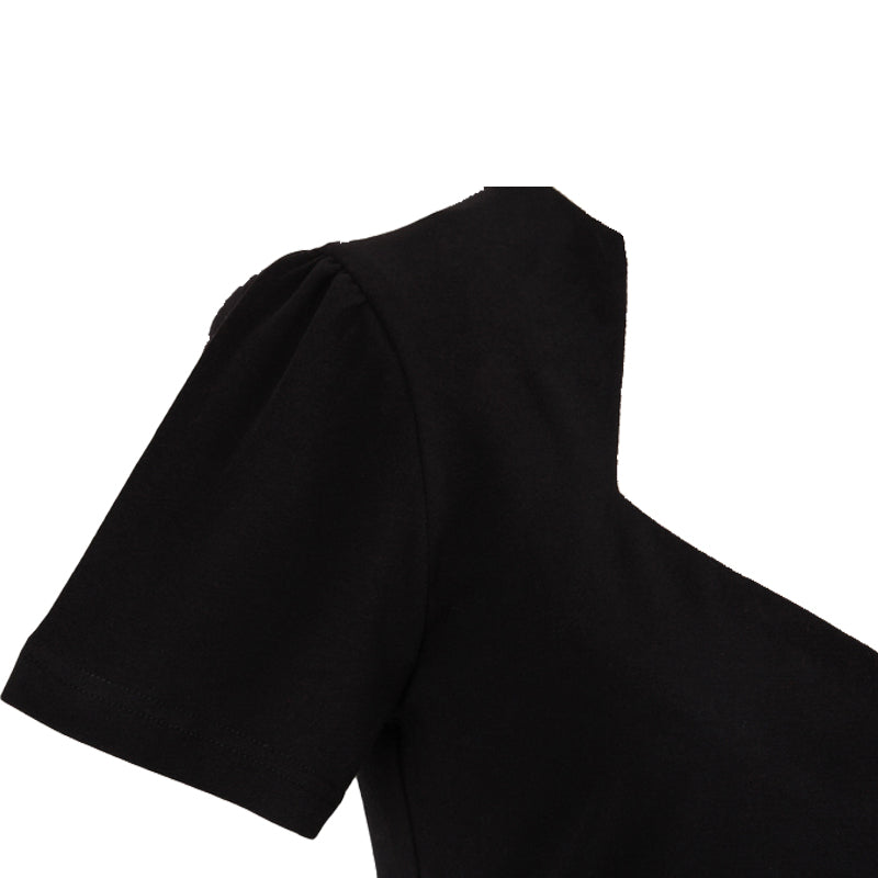 Women Black Sweetheart Neck Notched Shoulder Puff Short Sleeve Fitted Retro Tee