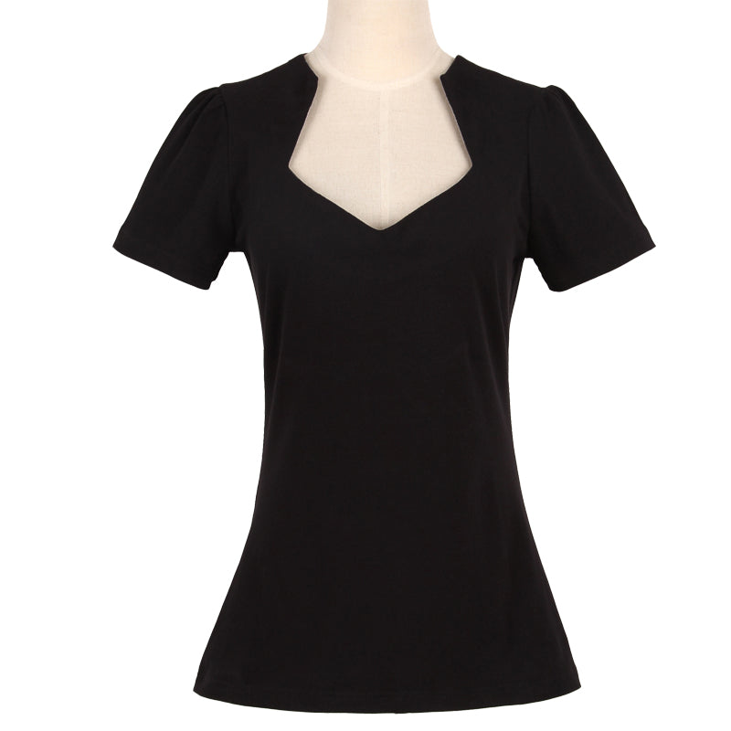 Women Black Sweetheart Neck Notched Shoulder Puff Short Sleeve Fitted Retro Tee