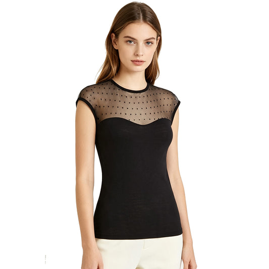 Polka Dot Sheer Mesh Top | Black Short - Sleeved, Figure - Hugging Women’s Shirt