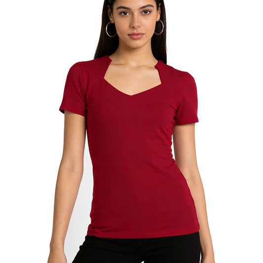 Women's Notch V-Neck Fitted T-Shirt | Elegant Short Sleeve Top in Red, Black, Pink, White
