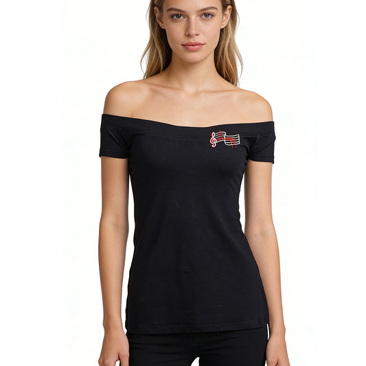 Off - Shoulder Black Top with Music Note Embroidery - Women's Casual Short - Sleeve Tee