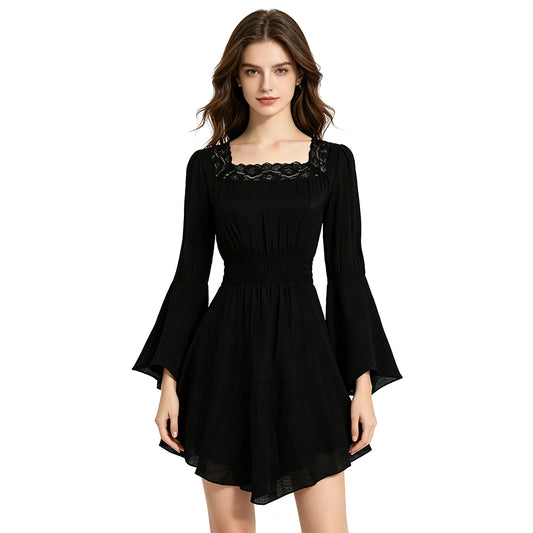 Gothic Inspired Black With Lace & Flared Sleeves Off Shoulder Women's Blouse