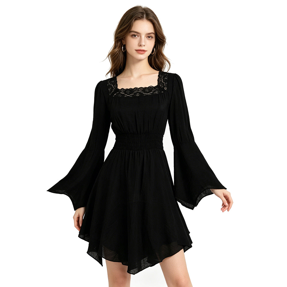 Gothic Inspired Black With Lace & Flared Sleeves Off Shoulder Women's Blouse