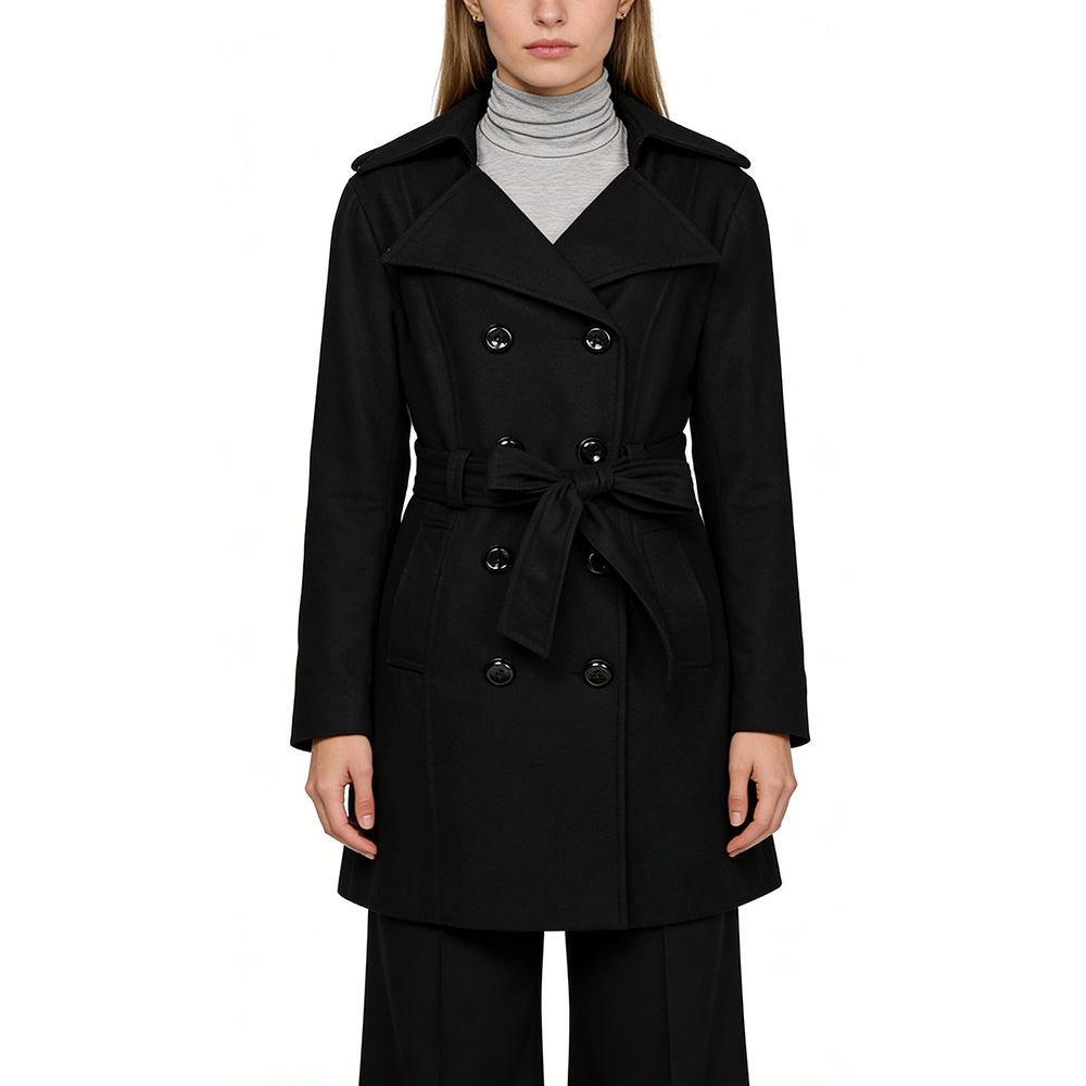 Women's Wool Blend Trench Coat - 30% Wool 70% Polyester Double Breasted with Self-Tie Belt | Vintage Elegant Black Mid-Length Winter Coat