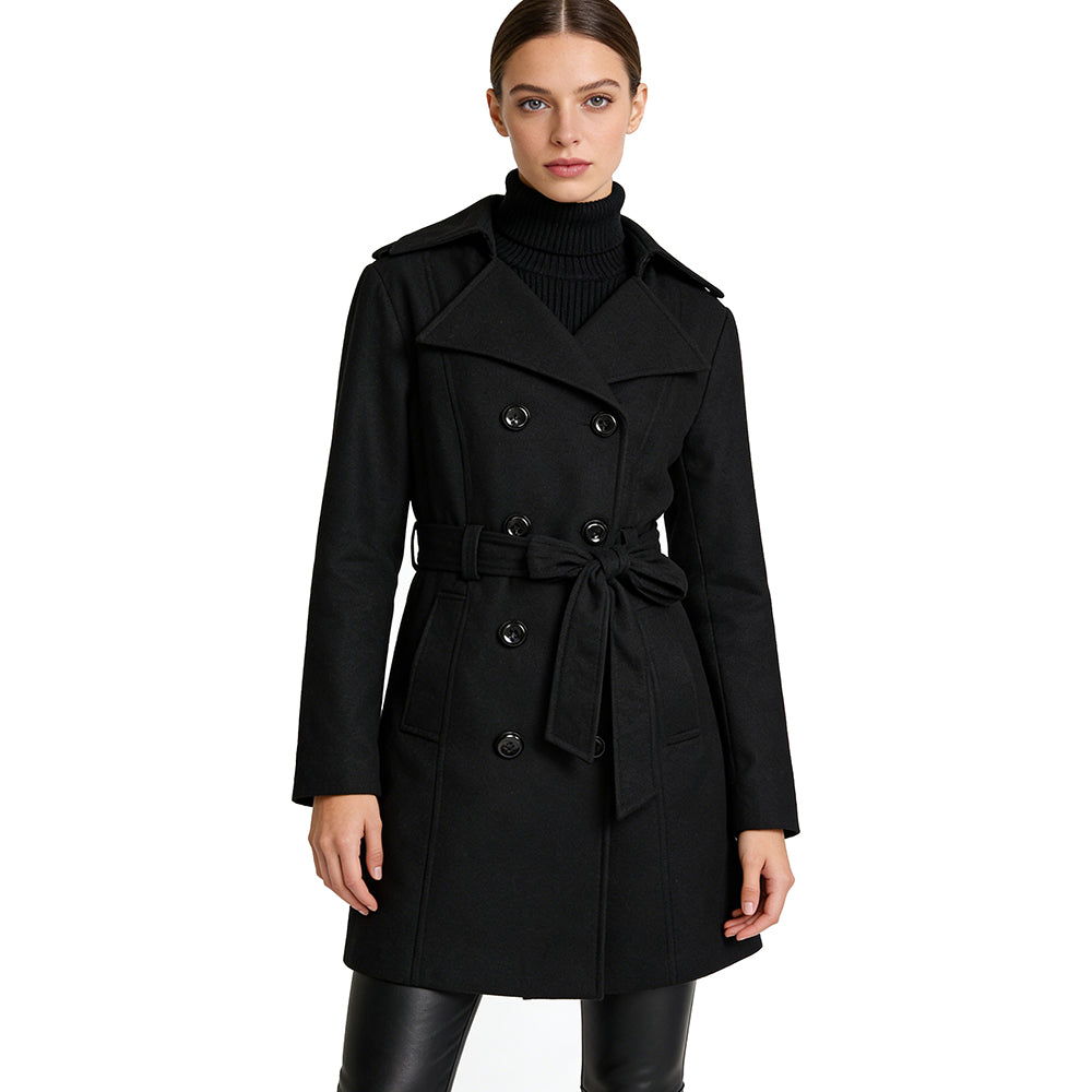 Women's Wool Blend Trench Coat - 30% Wool 70% Polyester Double Breasted with Self-Tie Belt | Vintage Elegant Black Mid-Length Winter Coat