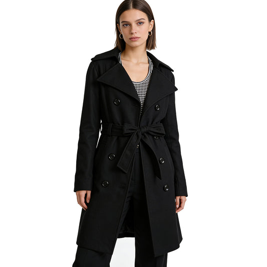 Women's Wool Blend Trench Coat - 30% Wool 70% Polyester Double Breasted with Self-Tie Belt | Vintage Elegant Black Mid-Length Winter Coat
