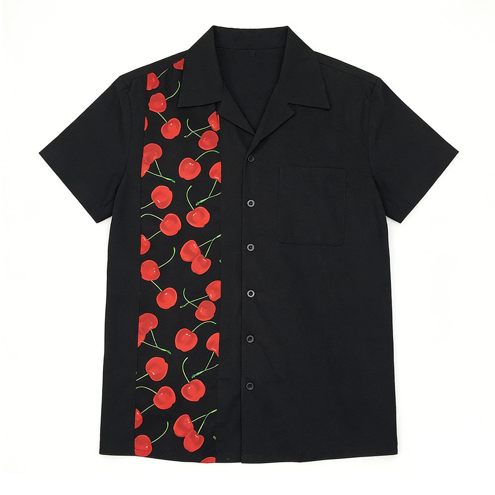 Retro Cherry Print Cuban Collar Shirt | Men's Vintage Bowling Button Down Shirt