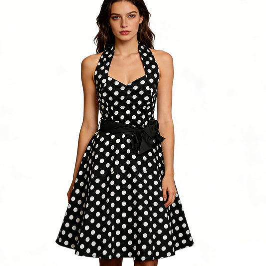 Best - Seller! Retro Polka - Dot Halter Dress with Waist - enhancing Belt Wholesale customization