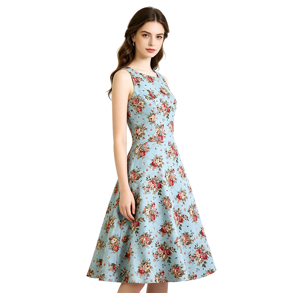 Linen Cotton Casual Vintage Rose Floral Sleeveless High Waist A-Line Party Dress