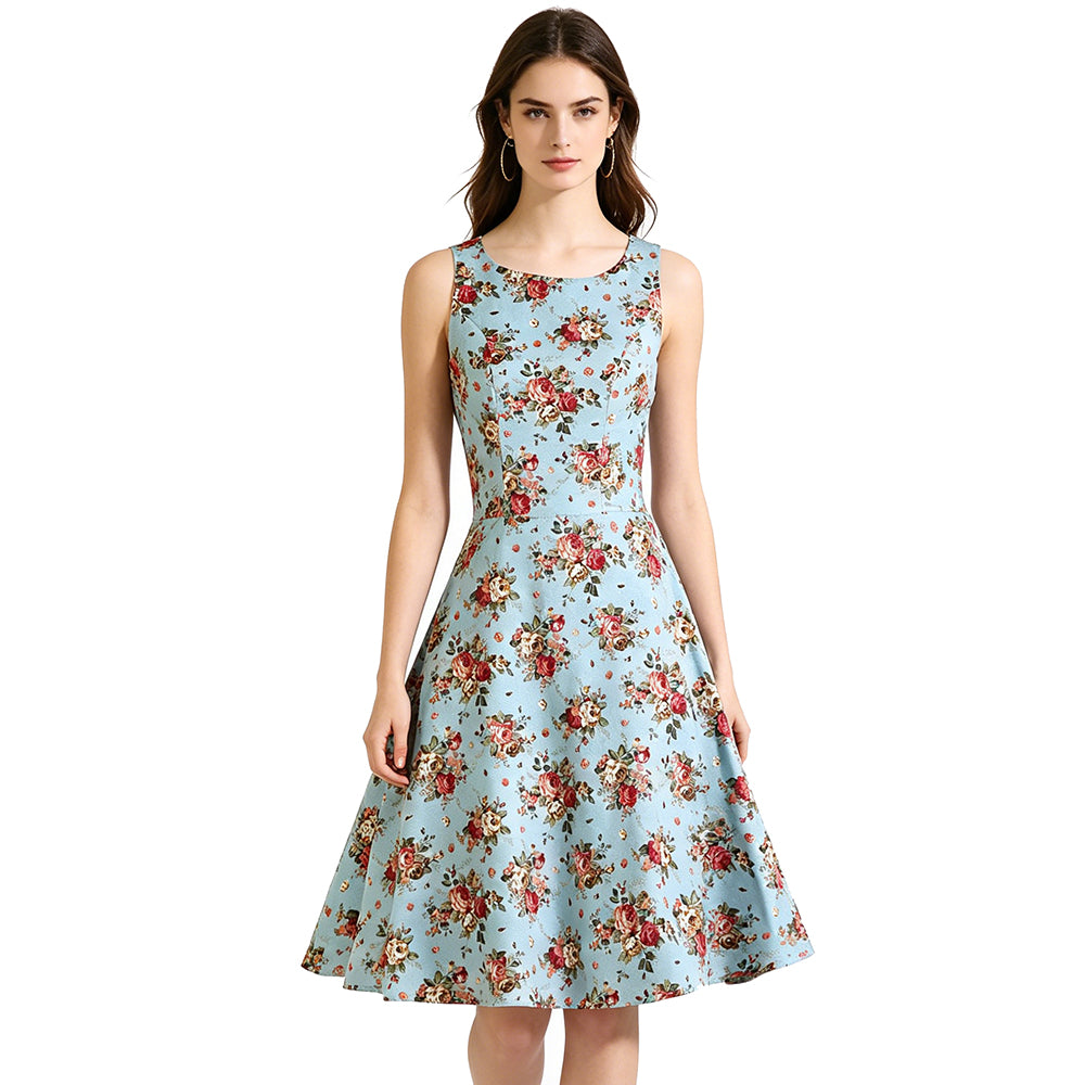Linen Cotton Casual Vintage Rose Floral Sleeveless High Waist A-Line Party Dress