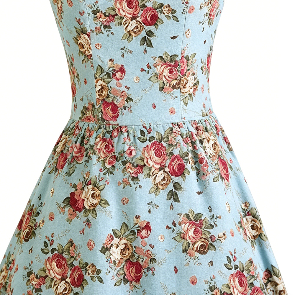Linen Cotton Casual Vintage Rose Floral Sleeveless High Waist A-Line Party Dress