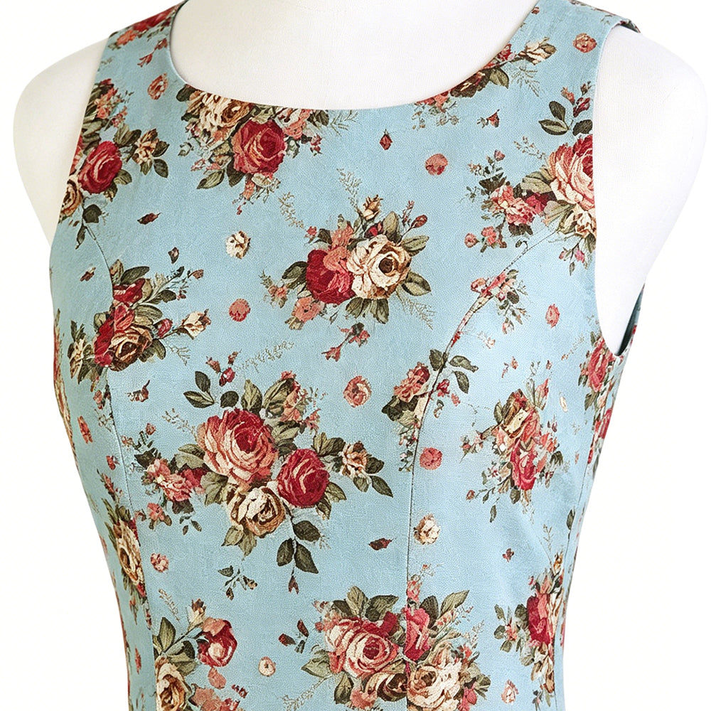 Linen Cotton Casual Vintage Rose Floral Sleeveless High Waist A-Line Party Dress