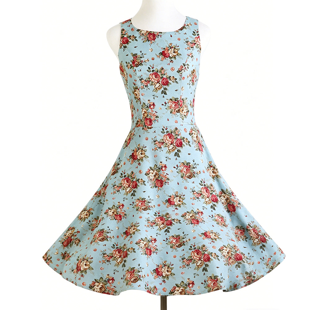 Linen Cotton Casual Vintage Rose Floral Sleeveless High Waist A-Line Party Dress