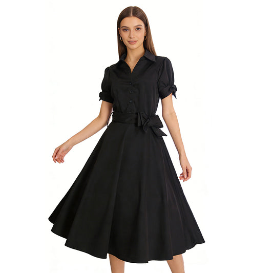 Hot Sale! Vintage - inspired Black Shirt Dress with Belted Waist and Cuffed Short Sleeves