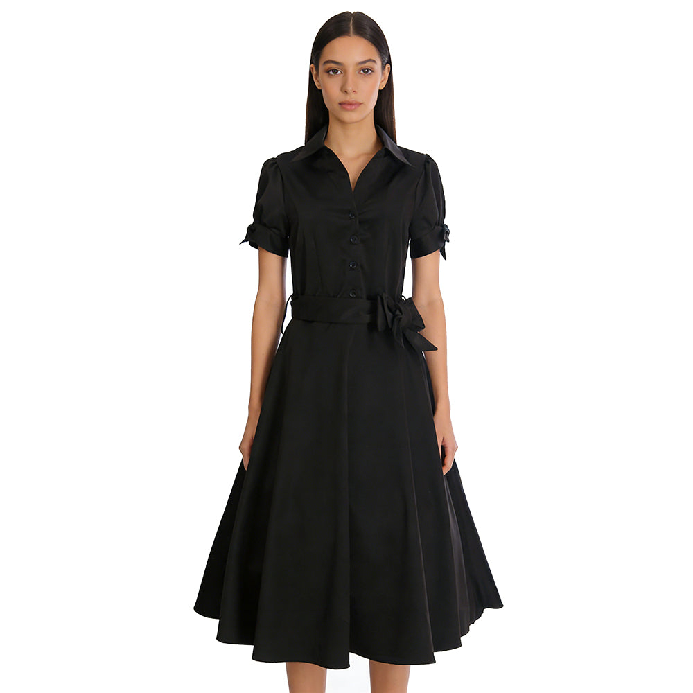 Hot Sale! Vintage - inspired Black Shirt Dress with Belted Waist and Cuffed Short Sleeves