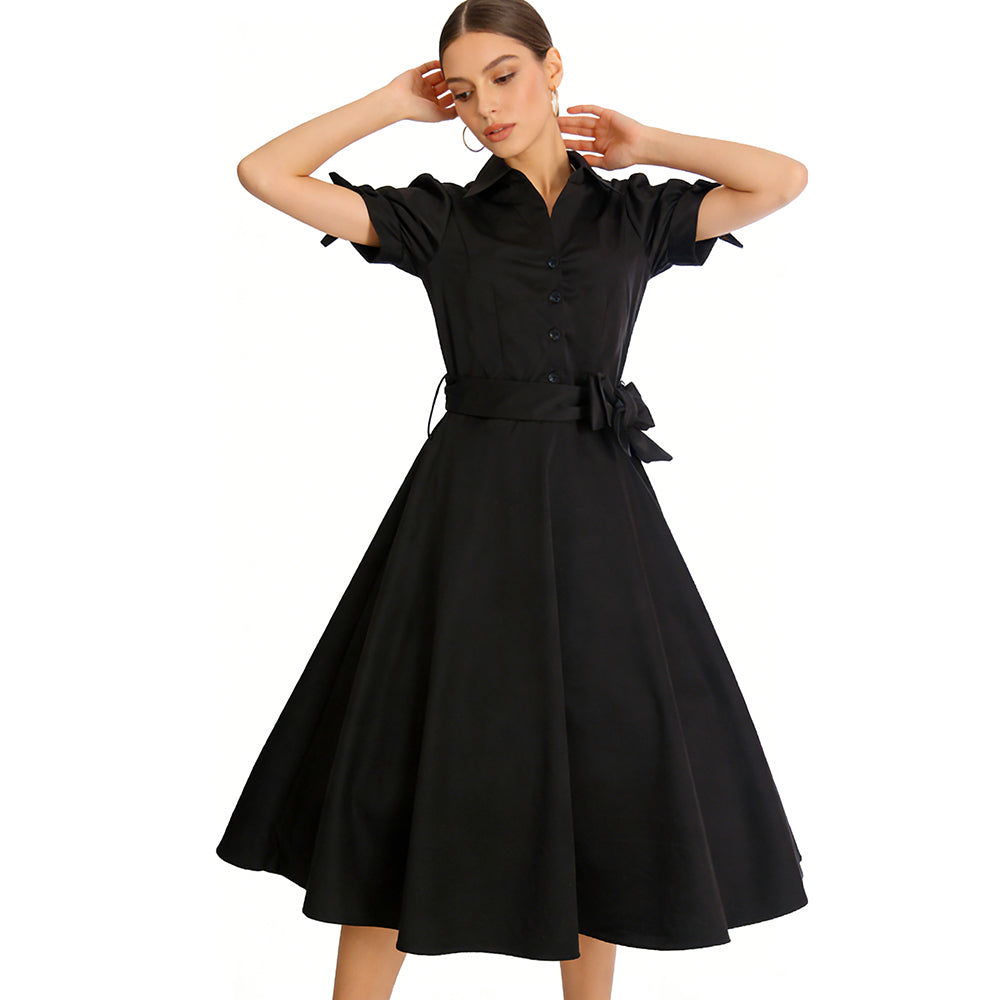Hot Sale! Vintage - inspired Black Shirt Dress with Belted Waist and Cuffed Short Sleeves