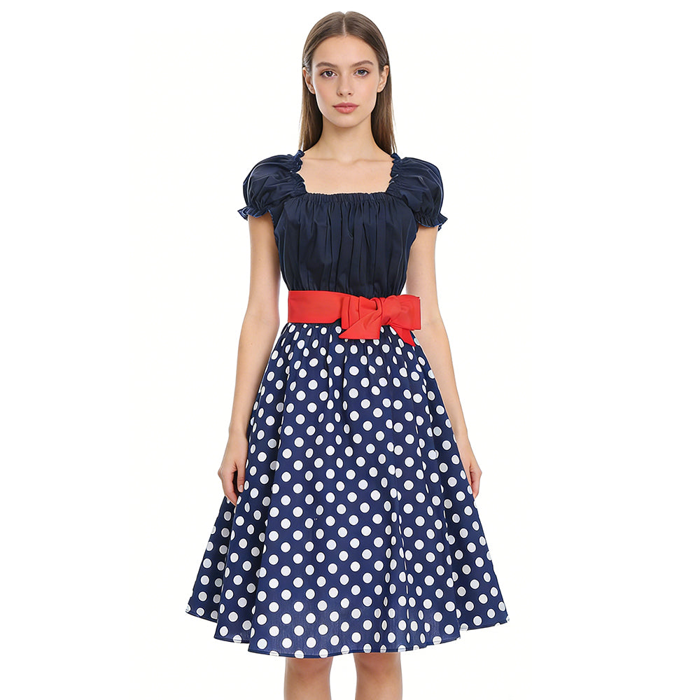 Hot - Selling! Retro Polka - Dot Dress with Puff Sleeves & Waist - cinching Bow