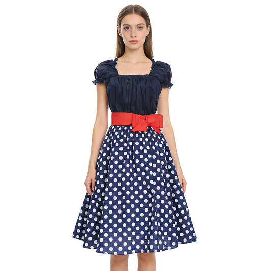 Hot - Selling! Retro Polka - Dot Dress with Puff Sleeves & Waist - cinching Bow