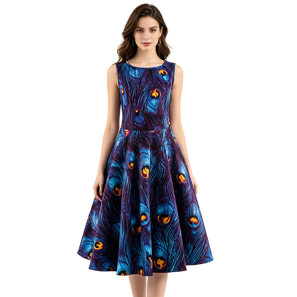 Peacock Feather Print Cotton Fit-and-Flare Dress | Sleeveless A-Line Dress with Pockets & Side Zipper