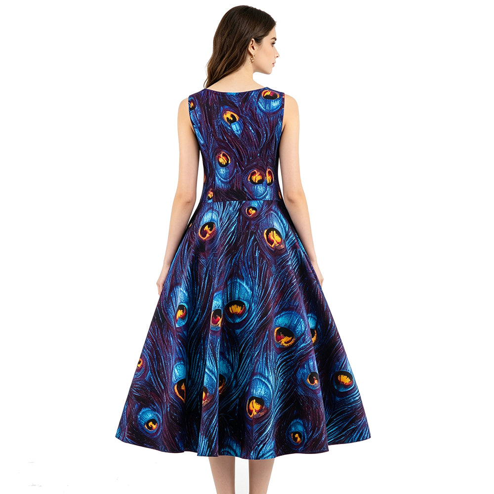 Peacock Feather Print Cotton Fit-and-Flare Dress | Sleeveless A-Line Dress with Pockets & Side Zipper