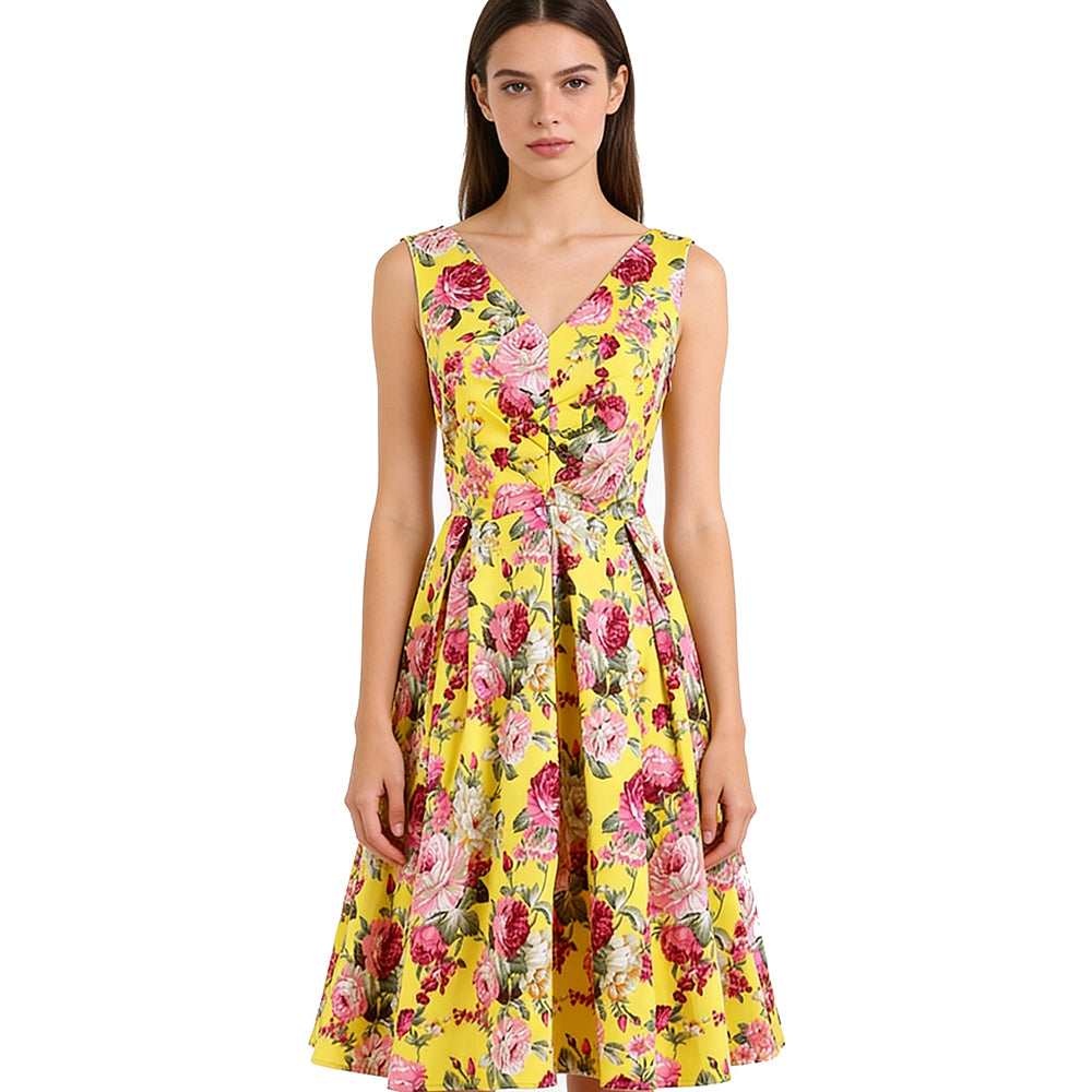 Bloom with Confidence! Adorable Sleeveless Dress in Cheerful Yellow and Romantic Florals