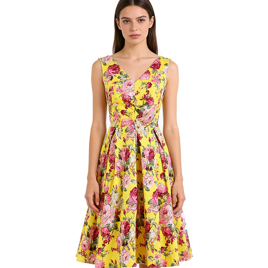 Bloom with Confidence! Adorable Sleeveless Dress in Cheerful Yellow and Romantic Florals