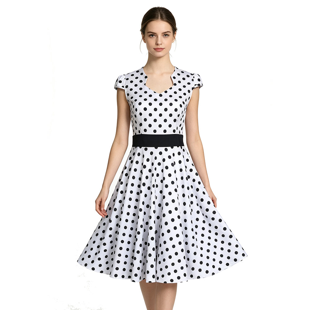 Women's Vintage Polka Dot V - Neck Cap Sleeve A - Line Swing Dress with Black Belt for Cocktail Party Evening Event