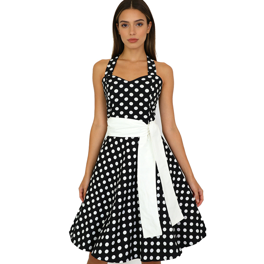 Black & White Polka Dot Halter Neck Fit & Flare Dress with Contrast Sash - Retro Vintage Style Party Cocktail Dress